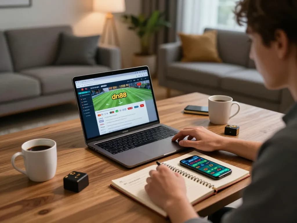 Person strategizing sports bets on trang chủ dn88, with laptop, notes, and coffee in cozy home.