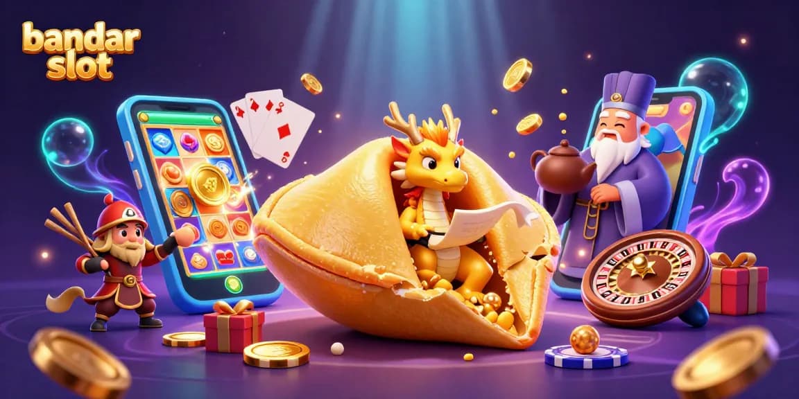 Menangkan permainan bandar slot dengan keberuntungan di dalam kue keberuntungan yang dikelilingi berbagai elemen kasino.