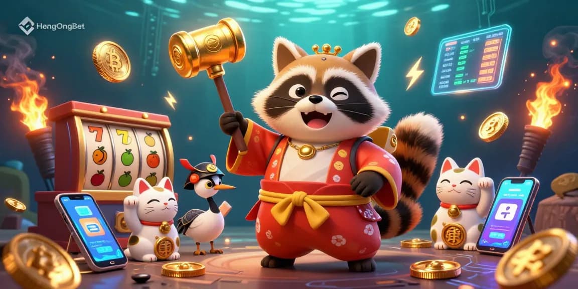 Experience winning excitement with HengOngBet's colorful slot game scene featuring a cheerful tanuki and captivating symbols.