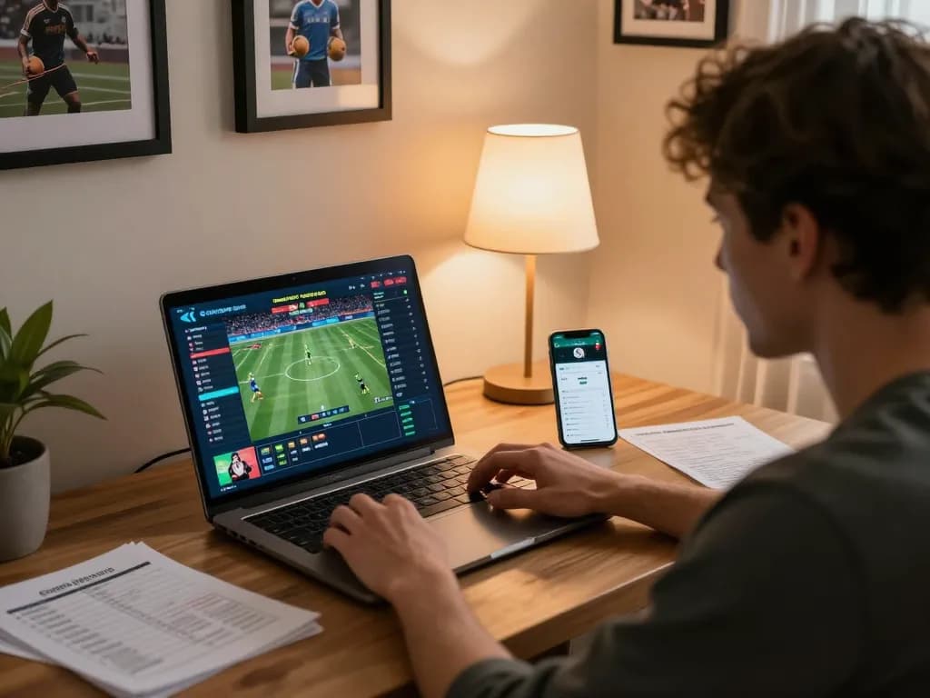Engaged gamer using OKFUN for live betting during a sports event at home.