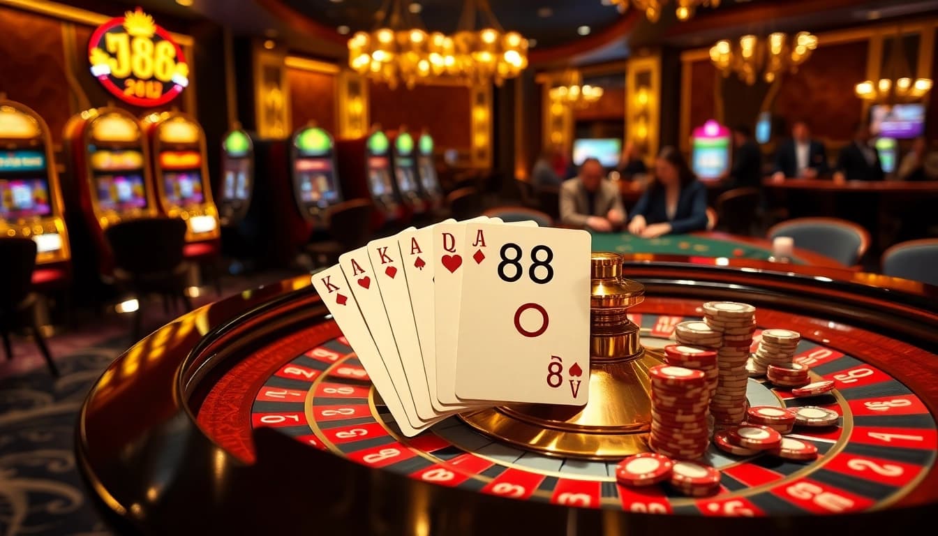 Exciting scene of casino action with j88 poker chips and cards in play.