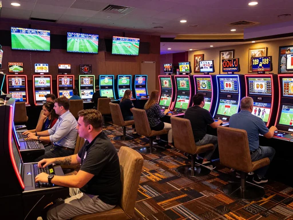 KQBD live sports betting area with patrons placing bets as screens display current match statistics