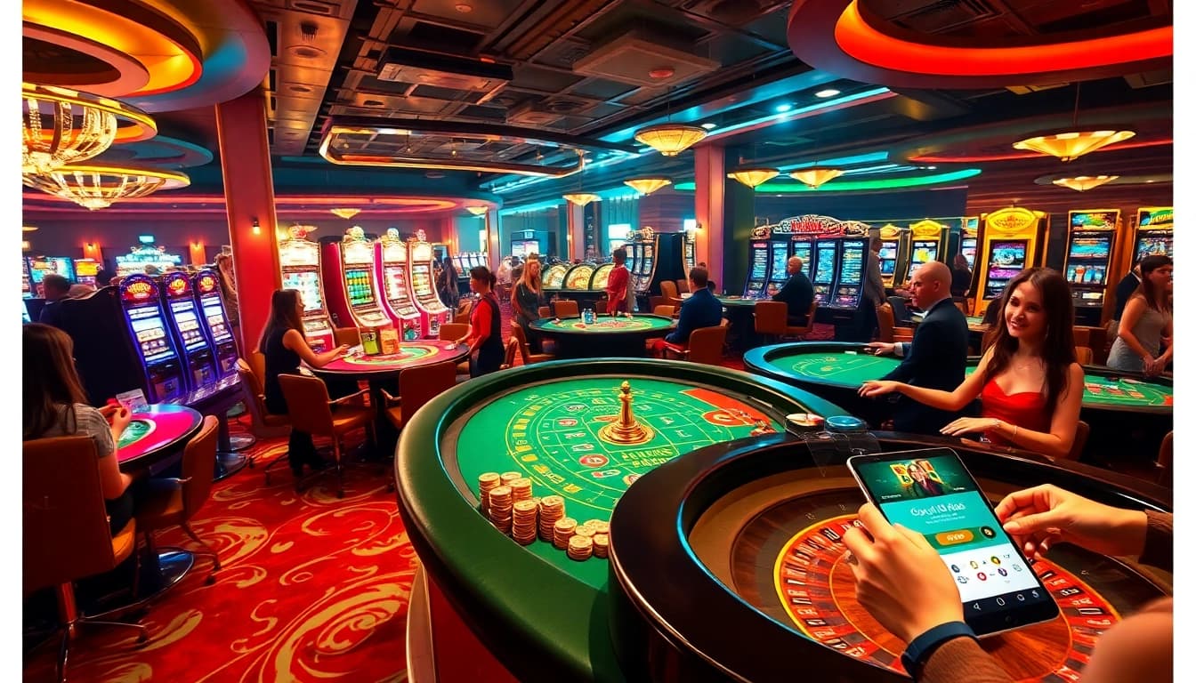 Goal123 gamblers celebrating wins at a vibrant casino scene with tables and slot machines.