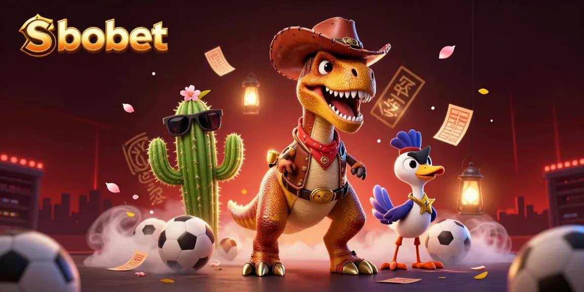 SBOBET sports betting scene featuring a T-Rex, cactus character, and roadrunner amidst vibrant casino elements.