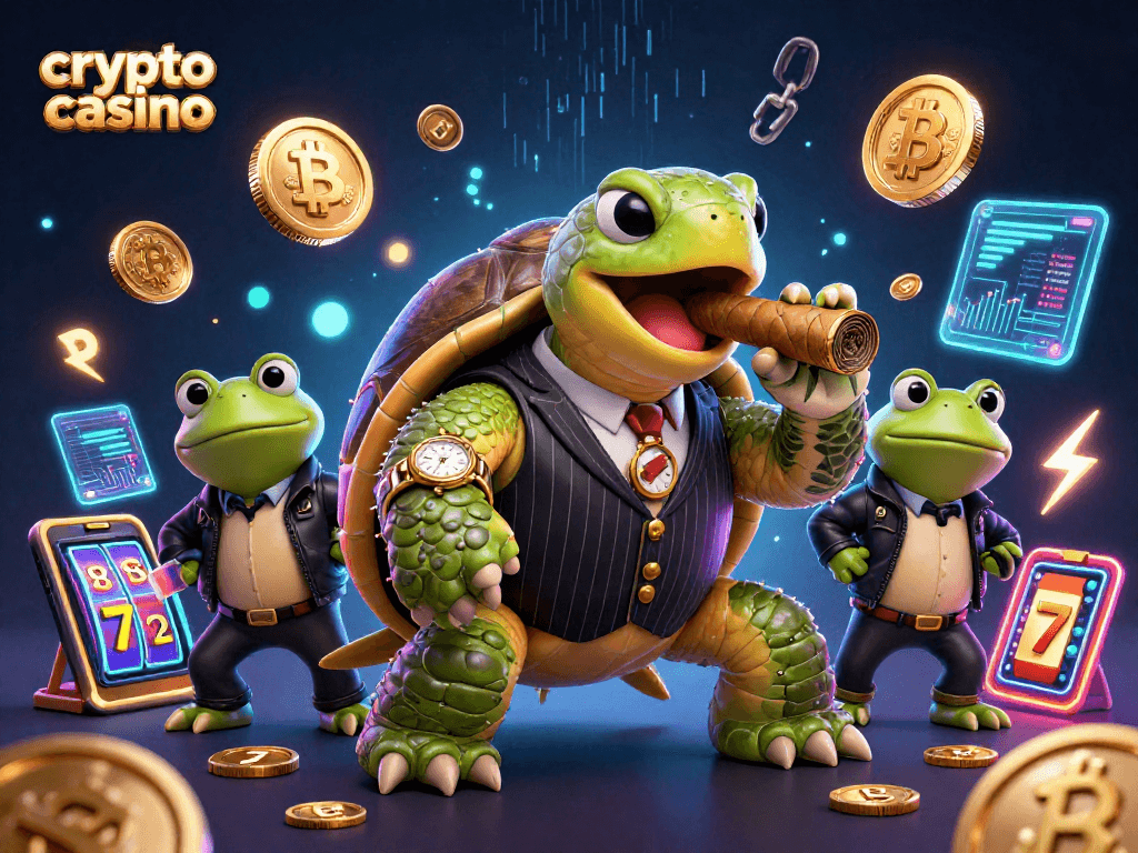 Engage in a crypto casino adventure with a turtle mobster and bullfrog enforcers amidst glowing currency elements.