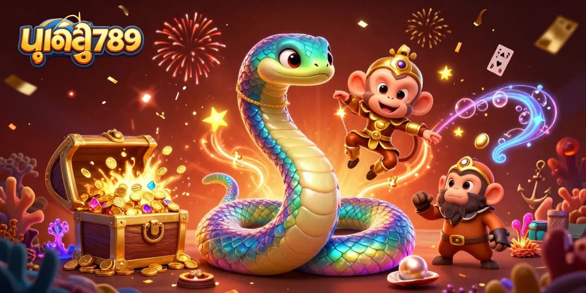 Engage with มูเตลู789 in this vibrant 3D illustration showcasing fortune and excitement with colorful characters and lively casino elements.