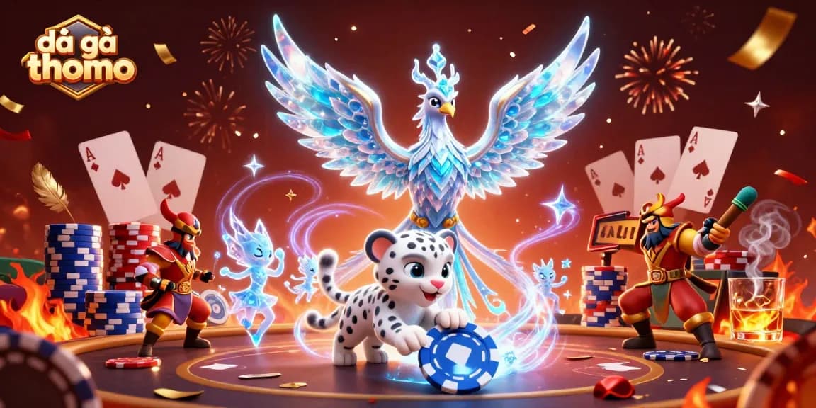 Engage in đá gà thomo fights with feather effects and ice elements in a vibrant casino scene