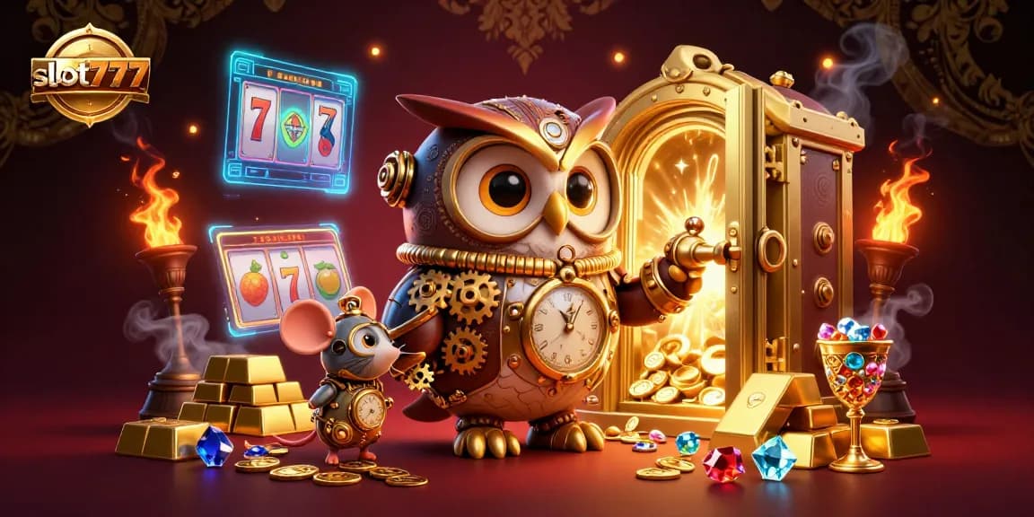 Experience the thrill of slot777 with a dynamic 3D illustration featuring an enchanting owl and exciting casino elements.
