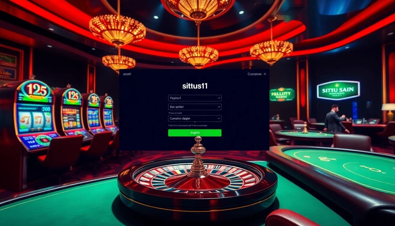 Situs11 daftar sign-up on a luxurious online casino interface featuring vibrant slots and a roulette wheel.