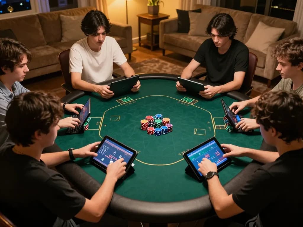 Players engage in a vibrant online poker session using kkwin2 gambling app at home, showcasing strategic gameplay.