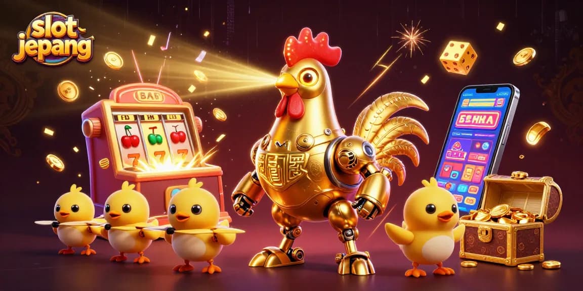 Experience thrilling slot jepang action with laser-shooting rooster robot and golden jackpots!