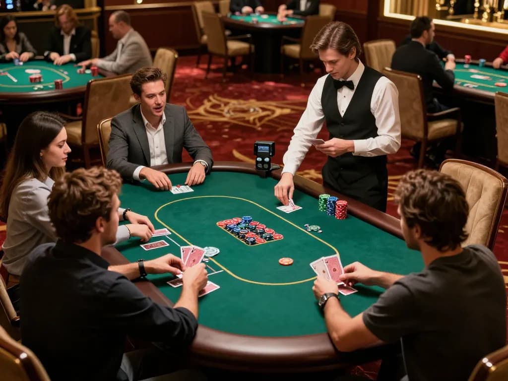 Players exhilarated at the god55 poker table, engaged in high-stakes gameplay with lively dealer interaction.