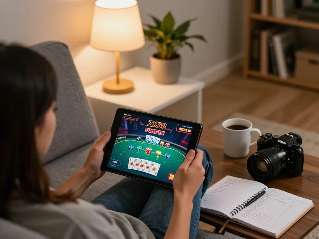 Engaging in a poker game at ZX88 using a tablet in a cozy home environment