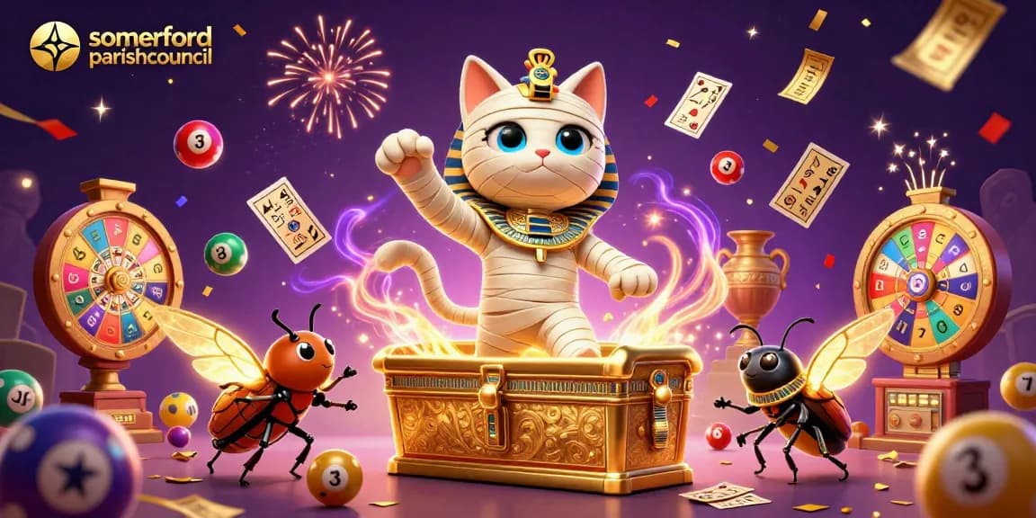 Somerfordparishcouncil highlights dynamic gaming with a vivid 3D illustration of a mummy cat and scarab in an exciting casino scene.