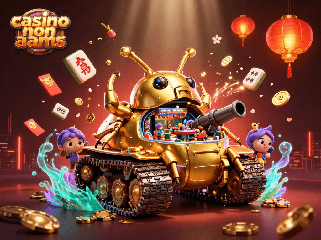 Illustrazione vivace e dettagliata di un casino non AAMS animato all'interno di un carro armato a forma di scarabeo d'oro.