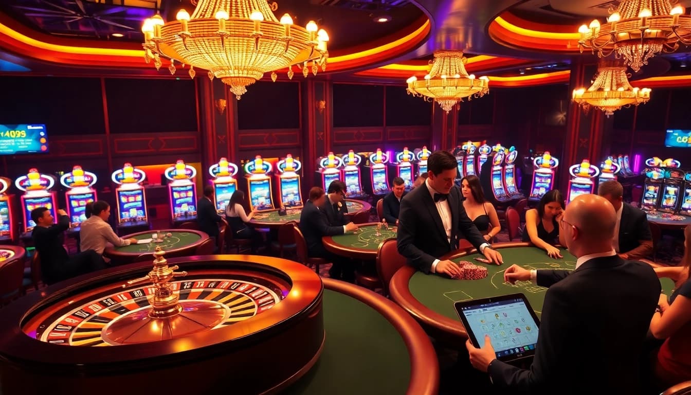 Experience high-stakes gambling with KQBD at luxurious casino tables, featuring roulette, poker, and vibrant slot machines.