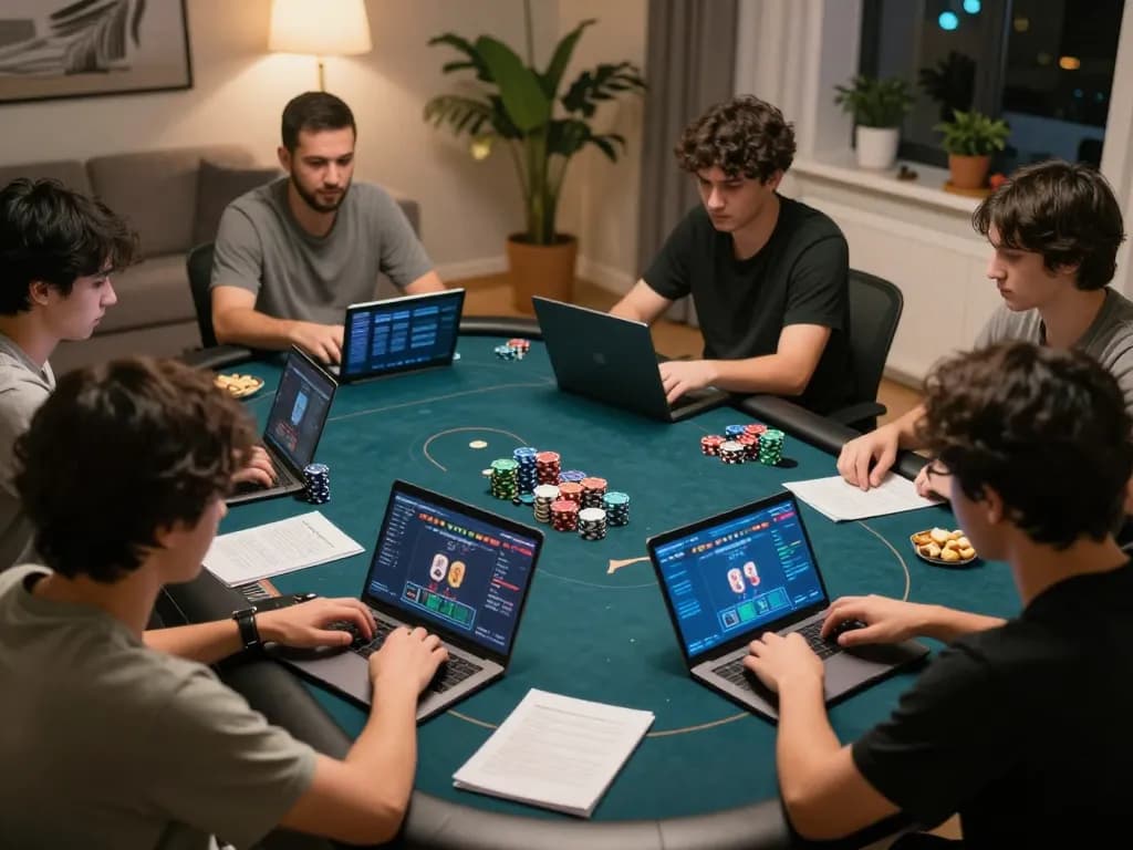 Engaging online poker session at home featuring Nhà cái Win678 players strategizing for victory