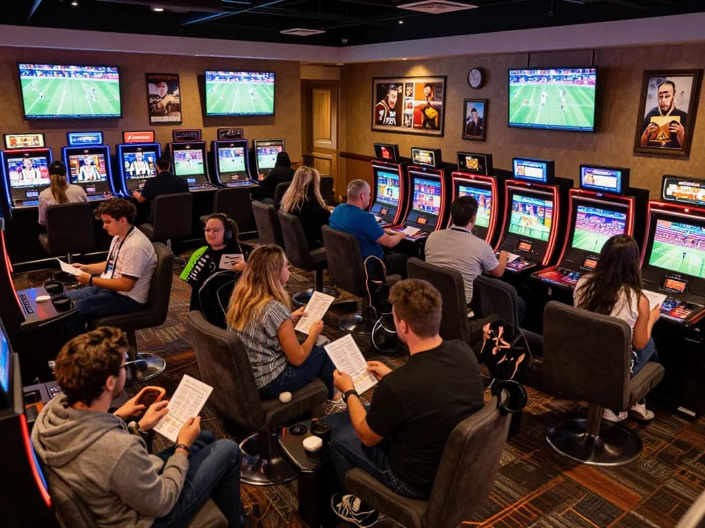 Live sports betting action at Bsport casino with enthusiastic bettors engaged, capturing the thrill of placing wagers.