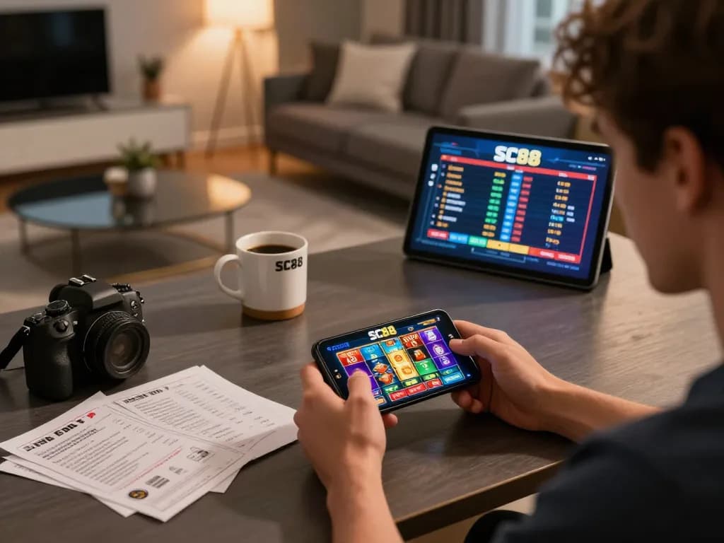 Player enjoying the SC88 casino app on their smartphone in a modern home gaming setup