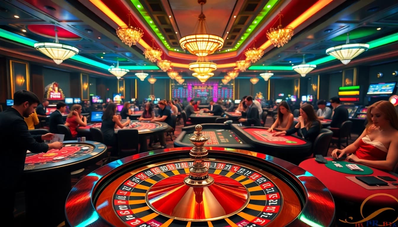 Players enjoying thrilling casino gameplay at https://rr88.pizza/ featuring vibrant roulette wheel and colorful poker chips.