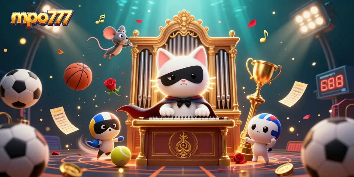 Bet on mpo777 with a dynamic scene of a cat at a casino organ surrounded by sports balls and winning elements.