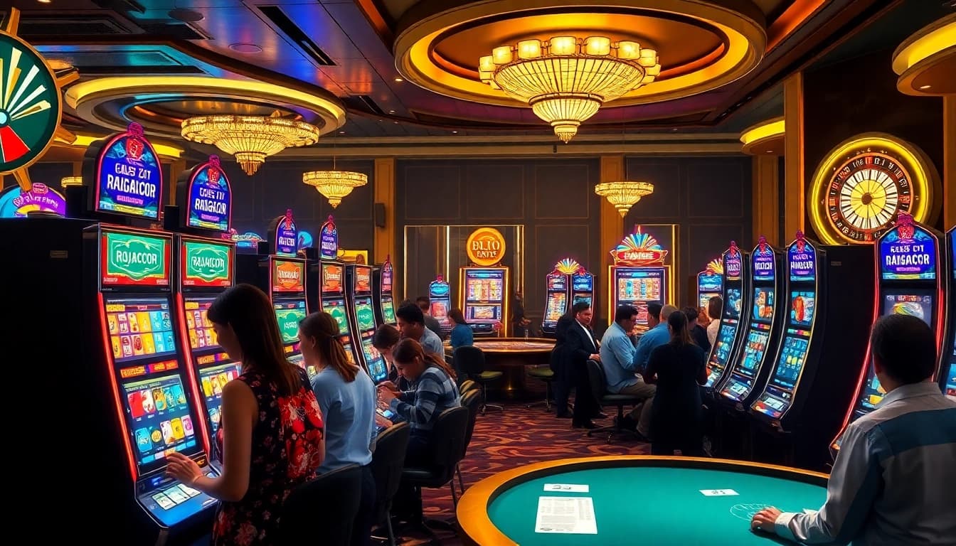 Players winning on the RAJAGACOR slot machines in a vibrant casino setup, showcasing exciting jackpots.