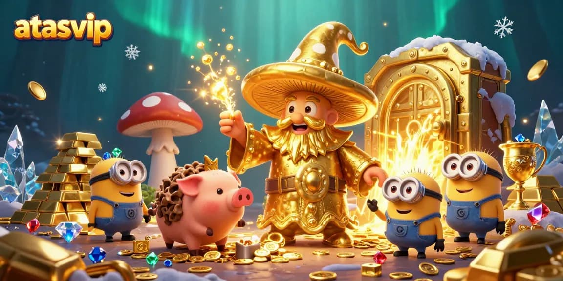 Spin and win with atasvip in a magical casino scene featuring golden treasures and vibrant characters.