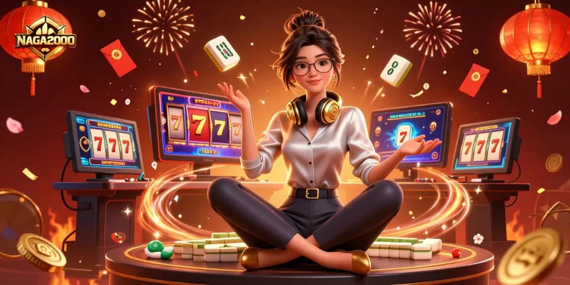 NAGA2000 menampilkan seorang wanita Asia yang elegan di setup permainan berteknologi tinggi dikelilingi oleh elemen kasino yang berwarna-warni.