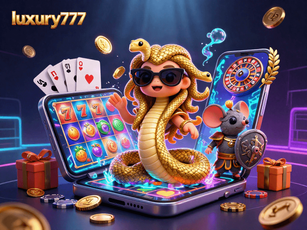 Menangkan hadiah slot menarik di luxury777 dengan ilustrasi 3D Medusa dan pejuang dalam suasana kasino.