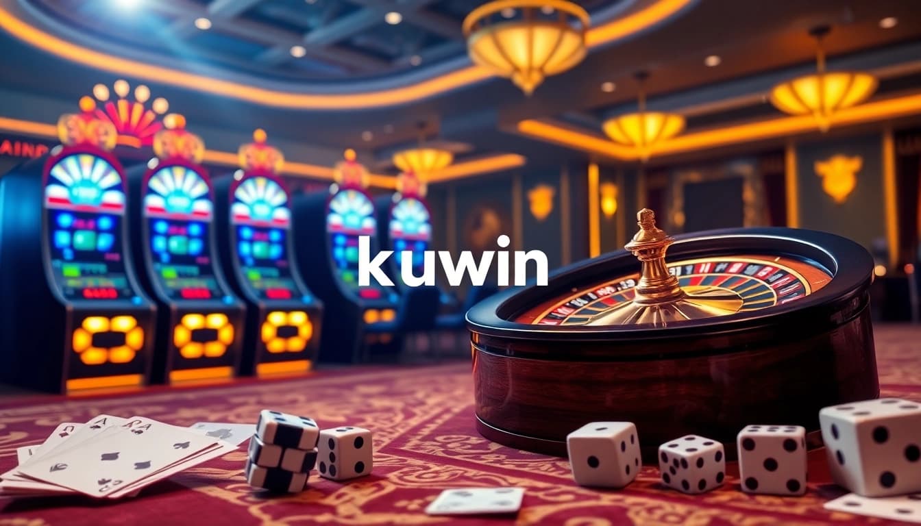 kuwin online gambling interface with dynamic slot machines and poker action