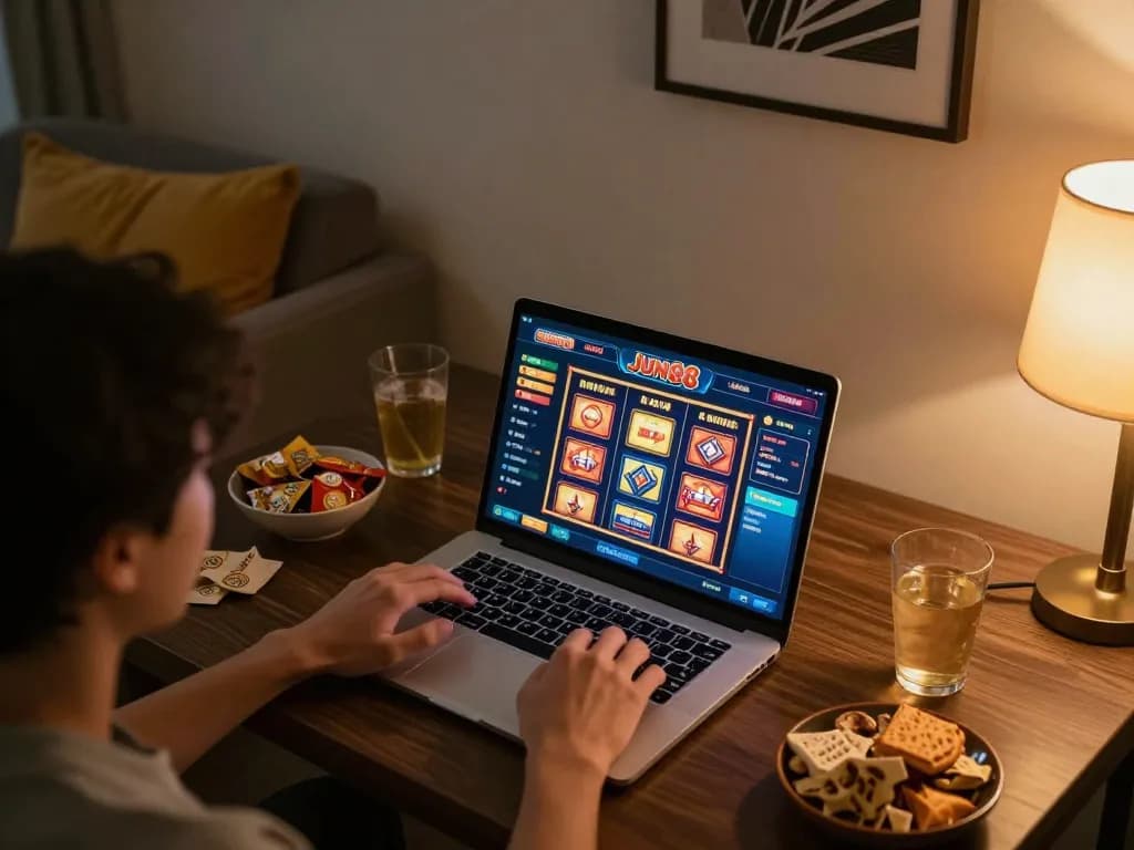 Engaging gaming experience on Jun88's platform showcasing online slots and a cozy atmosphere.