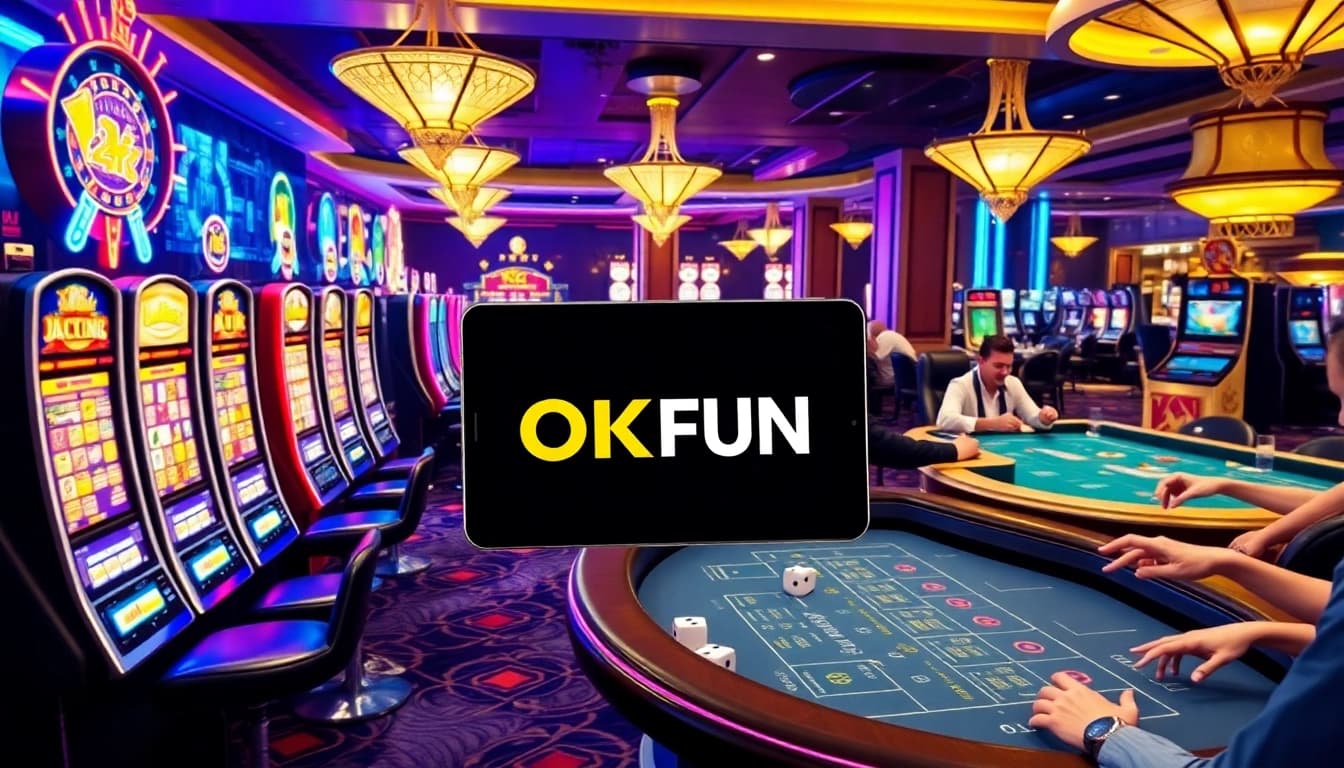 Experience the excitement of OKFUN in a luxury casino setting filled with slot machines and poker tables.