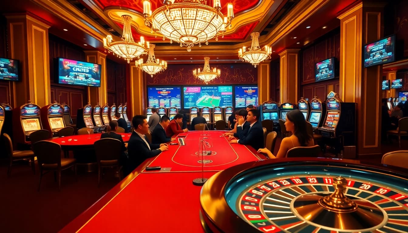 SX88 players enjoying a luxurious casino atmosphere with poker tables and slot machines.