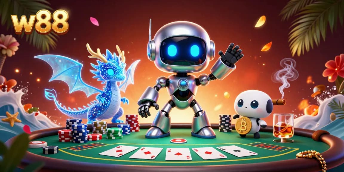 w88 players enjoy fast-paced poker action in a vibrant 3D casino scene with exciting game elements.