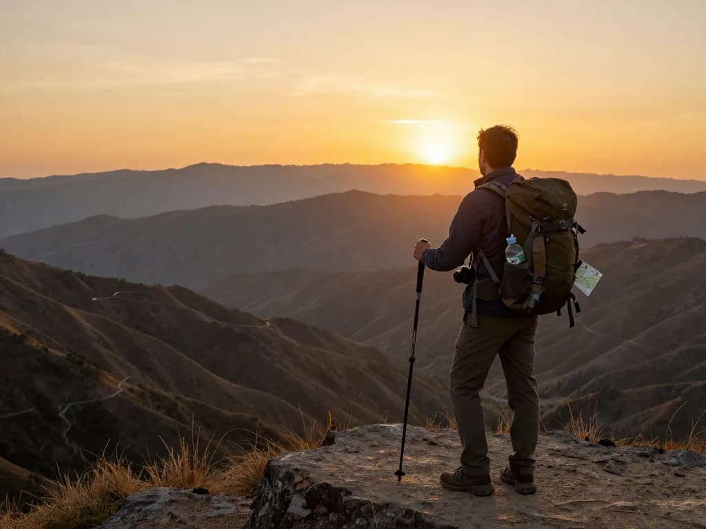 Traveler enjoying sunset view while hiking towards 789P adventure destination, showcasing gear and exploration spirit.