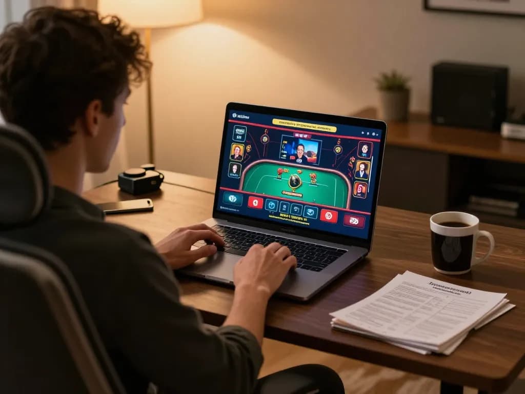 Engaging live dealer gameplay on 9bet showcased on a laptop screen in a cozy home office.
