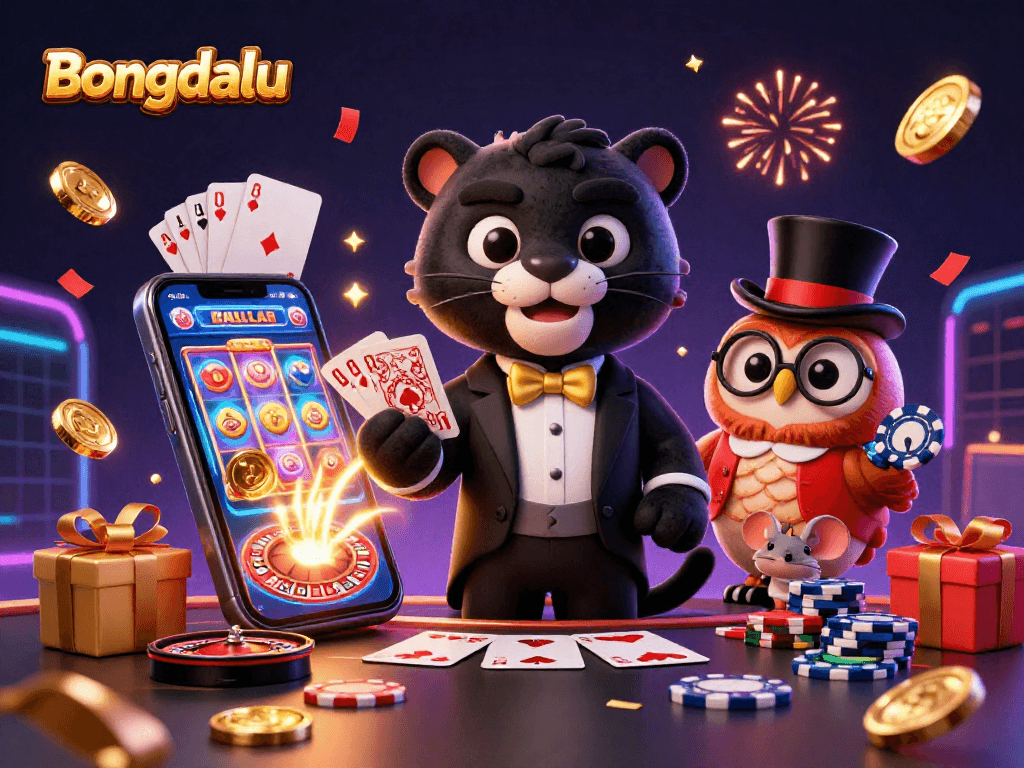 Bongdalu's vibrant casino scene showcasing a panther, owl, and mouse among slot games and poker chips.