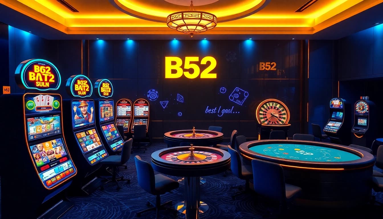 B52 online casino features vibrant slot machines, roulette wheels, and poker tables, showcasing a thrilling gaming experience.