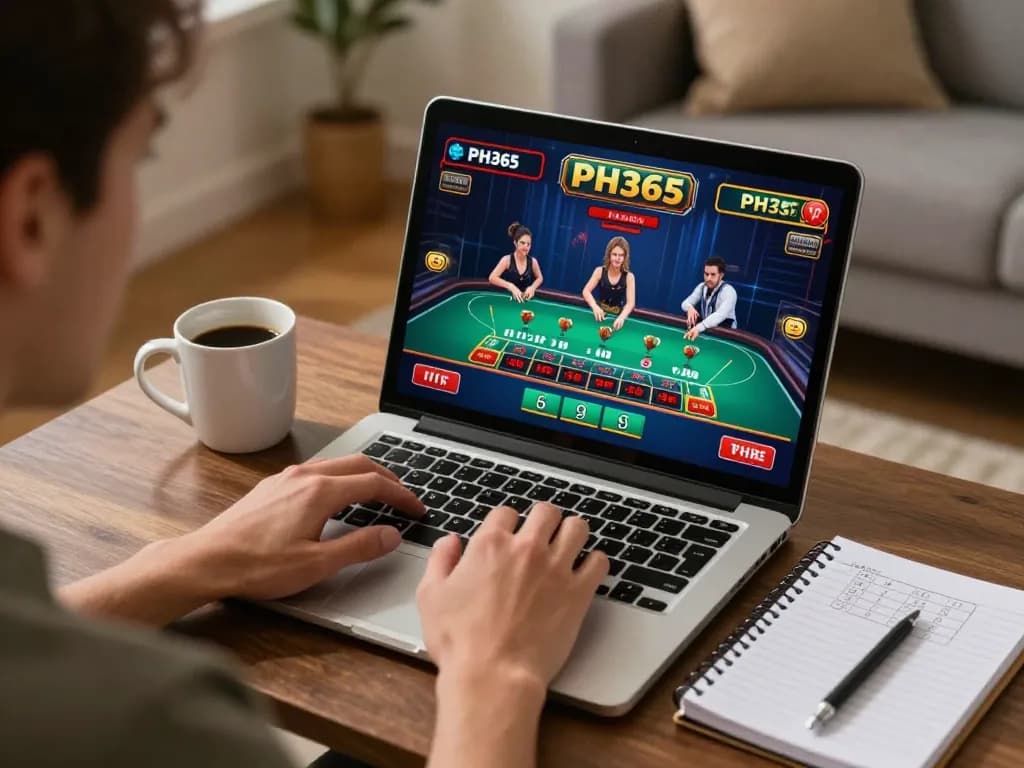 Player engaging in live dealer Baccarat at PH365 on a laptop, highlighting exciting online gaming experience