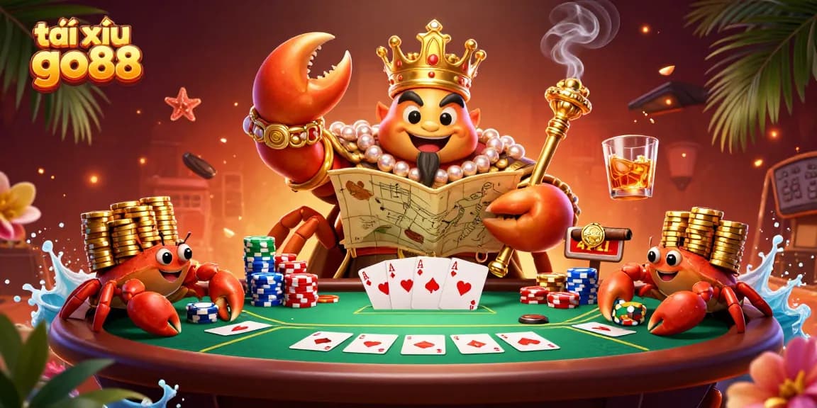 Experience the game tài xỉu go88 with a majestic crab emperor surrounded by poker excitement and treasure
