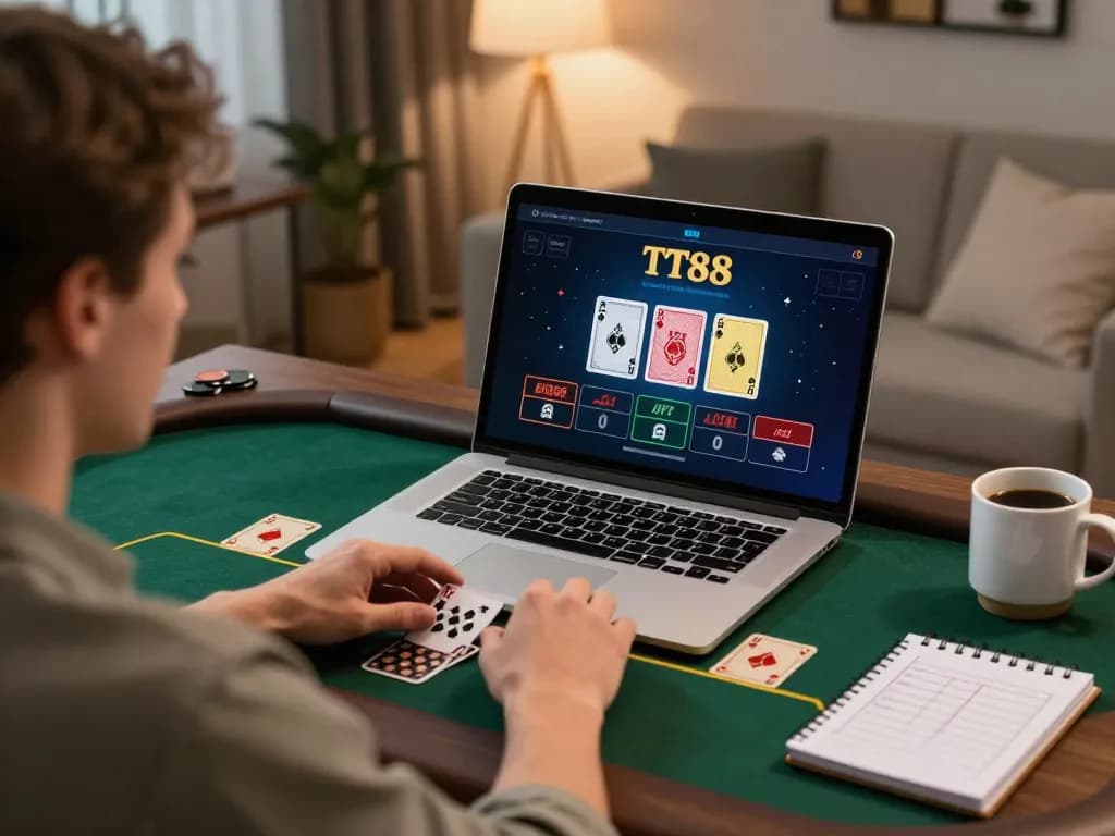 TT88 user enjoying online casino gaming strategy with live dealer action on laptop.