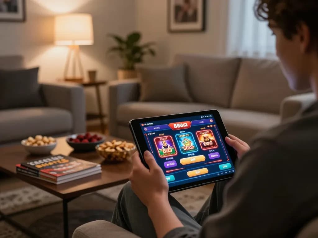 Engaged player enjoying 88aa casino app on tablet, emphasizing strategic online gaming