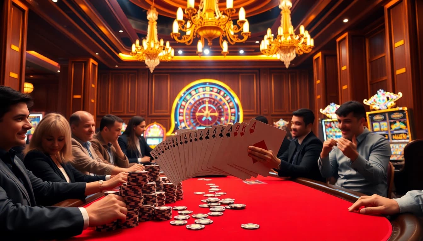 Poker players enjoying a high-stakes game at 3Dbet's luxurious casino.