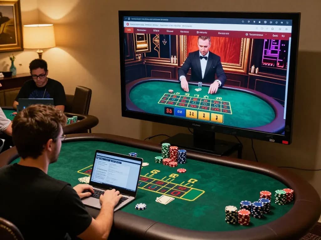 sky88 players engaging in live dealer blackjack at home setup with laptop screens lit
