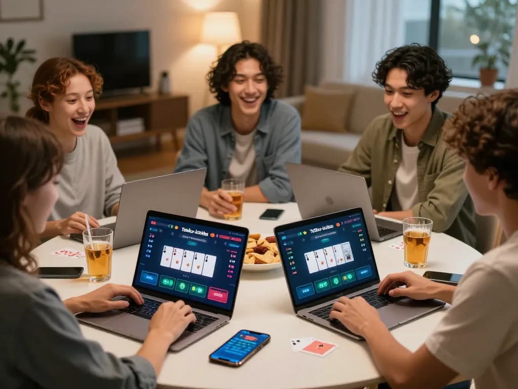 Permainan poker virtual yang menarik dengan antarmuka aplikasi tenku-ichiba menunjukkan permainan yang intens di antara teman-teman