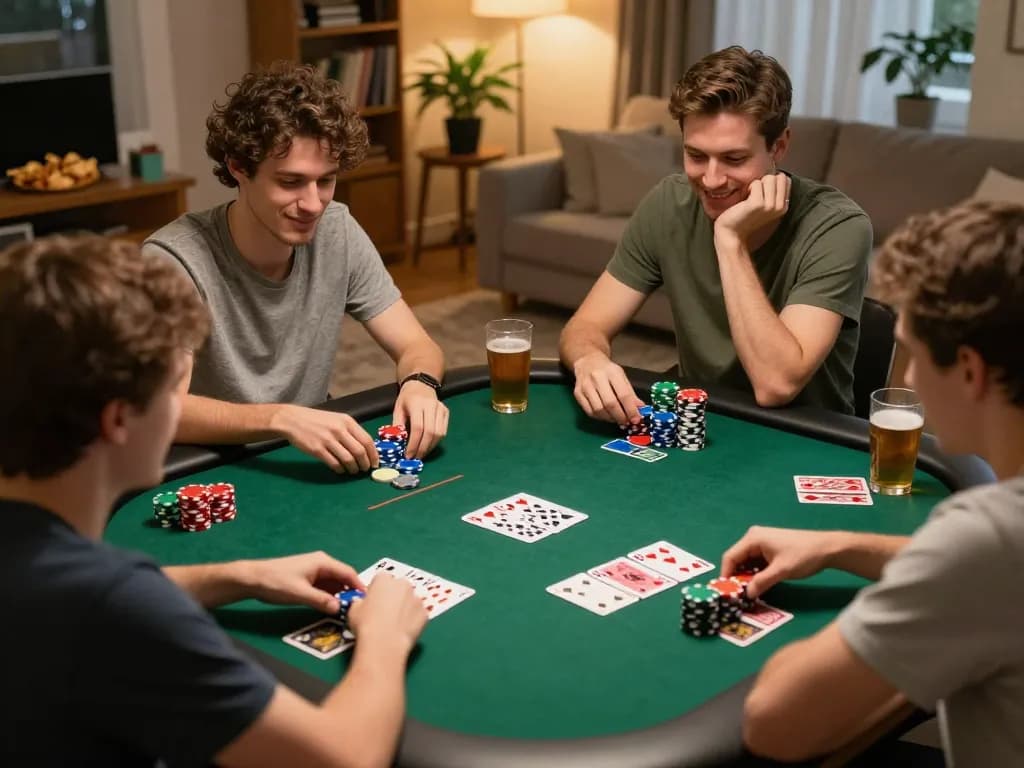 Sahabat yang terlibat bermain poker di suasana nyaman sambil mendiskusikan strategi dengan MAKTOGEL.