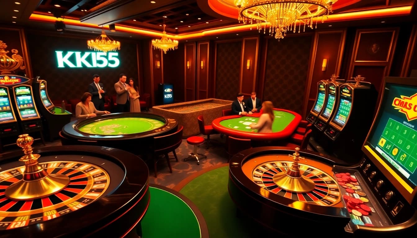 KK55 casino scene with vibrant tables and players enjoying thrilling games.