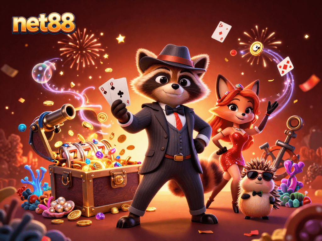 Engage in thrilling gameplay with net88, featuring a raccoon holding a royal flush and vibrant casino elements.