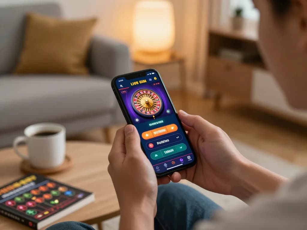 Engaging player strategizing on a crypto gambling site via mobile app in a cozy home
