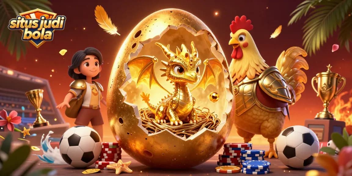 Experience exciting situs judi bola action with a golden dragon and colorful sports elements.